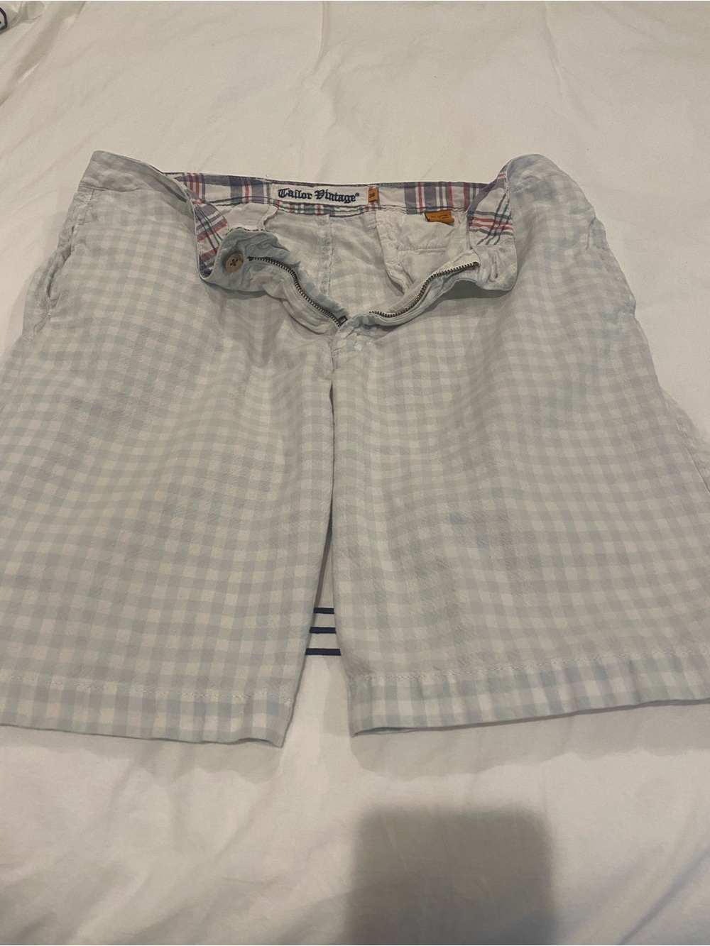 Mens Tailor Vintage Pale Blue Gingham Flat-Front Shorts